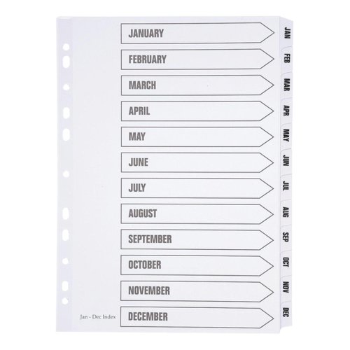 5 Star Office Index Jan-Dec Multipunched Mylar-reinforced Strip Tabs 160gsm A4 White