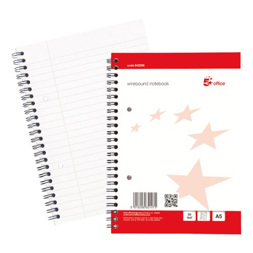 5 Star Office FSC Notebook Wirebound 70gsm Ruled with Margin Perf Punched 2 Holes 100pp A5+ Red & White [Pack 10]