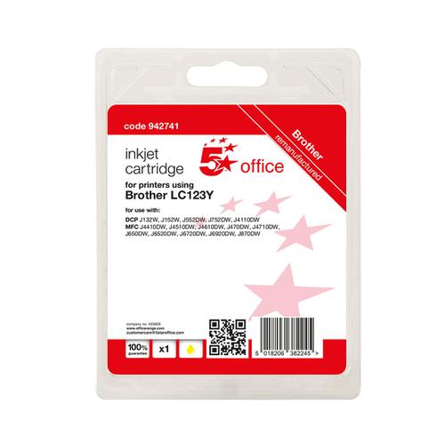 5 Star Office Remanufactured Inkjet Cartridge Page Life Yellow 600pp [Brother LC123Y Alternative]