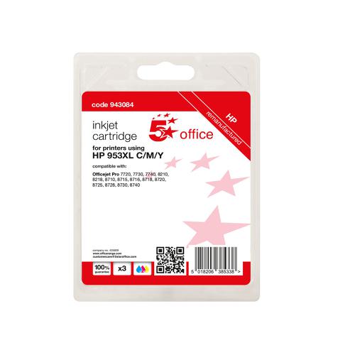 5 Star Office Reman Inkjet Cartridge Page Life C/M/Y 1600pp [HP No.953XL 1CC21AE Alternative] [Pack 3] 943084 Buy online at Office 5Star or contact us Tel 01594 810081 for assistance