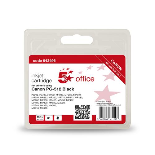 5 Star Office Remanufactured Inkjet Cartridge High Capacity 401pp 15ml Black [Canon PG-512 Alternative]