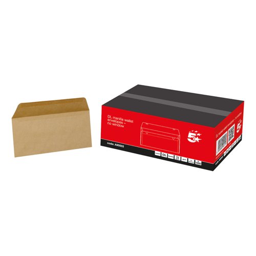 5 Star Office Envelopes FSC Wallet Recycled Lightweight Gummed 75gsm DL 220x110mm Manilla [Pack 1000]