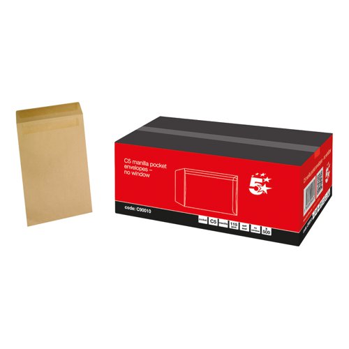 5 Star Office Envelopes FSC Pocket Self Seal 115gsm C5 229x162mm Manilla [Pack 500]