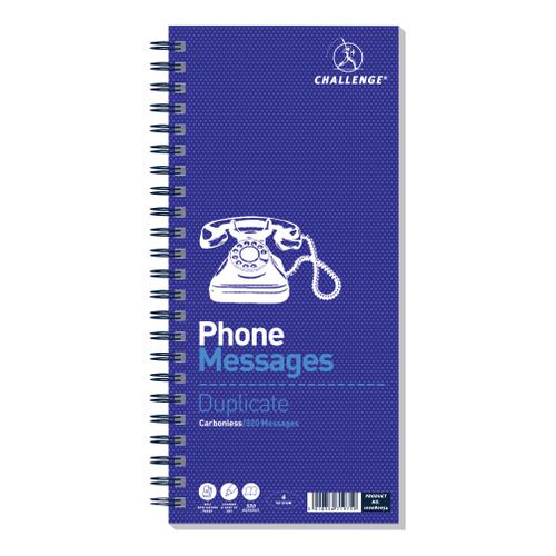 Challenge Telephone Message Book Wirebound Carbonless 320 Messages 305x141mm Ref 100080054 4077074 Buy online at Office 5Star or contact us Tel 01594 810081 for assistance