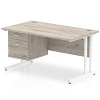 Trexus Rectangular Desk White Cantilever Leg 1400x800mm Fixed Ped 2 Drawers Grey Oak Ref I003471