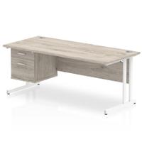 Trexus Rectangular Desk White Cantilever Leg 1800x800mm Fixed Ped 2 Drawers Grey Oak Ref I003521