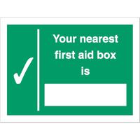 Stewart Superior Your Nearest First Aid Box Is Sign W200xH150mm Self Adhesive Vinyl Ref SP075SAV
