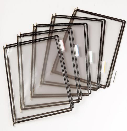 Tarifold steel wire Pivoting Pockets both enhances information and makes them easy to identify. Made from anti-glare, skin grained PVC for optimum transparency. Clip-on tabs are included for indexing