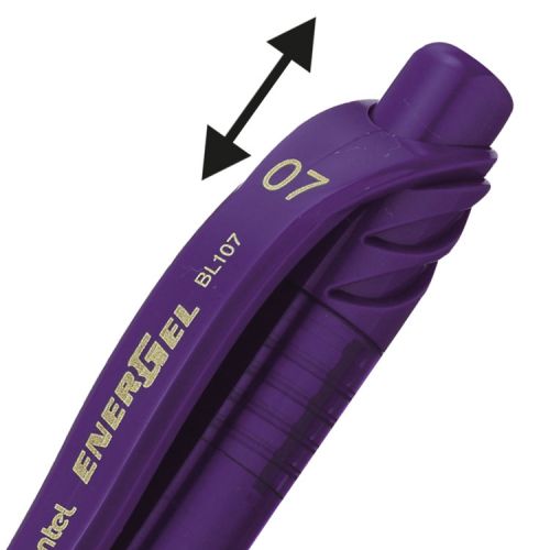 16692PE | The Violet ink BL107 Energel-X Retractable Roller Ball Gel pen is for everyday use.  It incorporates a generous smooth rubber grip for added comfort and an attractive plastic barrel in the matching colour to the ink inside. It is a 0.7mm tip which gives approximately a 0.35mm line width when writing. It is a low viscosity liquid gel ink allowing a smooth flowing and quicker drying ink than normal gel ink. Because the ink dries quickly it is especially suitable for left handed writers. This is a perfect pen for Office, School or home.