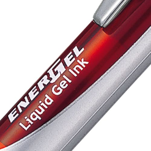 16769PE | The Red ink BL77 Energel Retractable Roller Ball Gel pen is for everyday use. It incorporates a generous smooth rubber grip for added comfort and an attractive metallic barrel finish. It is a 0.7mm tip which gives approximately a 0.35mm line width when writing. It is a low viscosity liquid gel ink allowing a smooth flowing and quicker drying ink than normal gel ink. Because the ink dries quickly it is especially suitable for left handed writers. This is a perfect pen for Office, School or home. It is also a refillable pen, by using the Pentel LR7 refill you can keep on using the same barrel over and over again