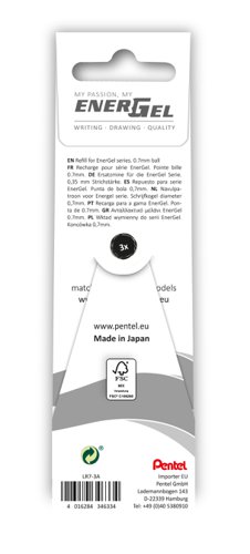 Pentel Refill for Pentel EnerGel Pen 0.7mm Black 3 Refills Per Wallet (Pack 12) LR7-3A  76301PE