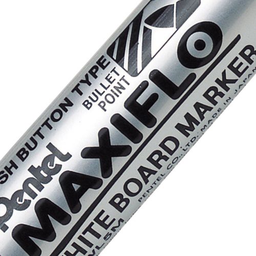 The Pentel Black MWL5M Maxiflo dry wipe white board marker has a medium bullet tip which provides long-lasting ink and vivid colours. It’s suitable for classroom or meeting presentations on white or porcelain boards. Colour is especially important when making presentations or simply for general messages and the strength and depth of Maxiflo stands out from the crowd.  It’s a high quality, long lasting dry wipe marker. It has a unique pump action system to replenish ink supply if the tip has dried out. Its medium bullet tip provides an approx. line width of 3mm