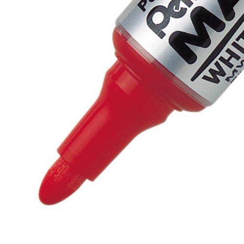 The Pentel Red MWL5M Maxiflo dry wipe white board marker has a medium bullet tip which provides long-lasting ink and vivid colours. It’s suitable for classroom or meeting presentations on white or porcelain boards. Colour is especially important when making presentations or simply for general messages and the strength and depth of Maxiflo stands out from the crowd.  It’s a high quality, long lasting dry wipe marker. It has a unique pump action system to replenish ink supply if the tip has dried out. Its medium bullet tip provides an approx. line width of 3mm