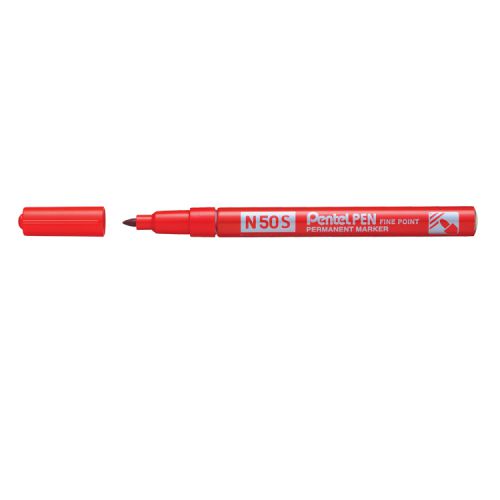 59074PE | The new Pentel N50S Red is a new addition to the N50 Family permanent marker.  This Robust permanent marker will write on almost any surface including wet and oily surfaces.  Maximum performance you can rely on every day.  Strong aluminium barrel, perfect for long lasting in more harsh working environments!  Durable tips, suitable for rough or smooth surfaces.  The N50S has a fine bullet point and creates a line width of approx 1.0mm