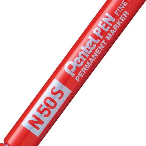 59074PE | The new Pentel N50S Red is a new addition to the N50 Family permanent marker.  This Robust permanent marker will write on almost any surface including wet and oily surfaces.  Maximum performance you can rely on every day.  Strong aluminium barrel, perfect for long lasting in more harsh working environments!  Durable tips, suitable for rough or smooth surfaces.  The N50S has a fine bullet point and creates a line width of approx 1.0mm