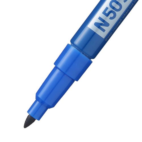 The new Pentel N50S Blue is a new addition to the N50 Family permanent marker.  This Robust permanent marker will write on almost any surface including wet and oily surfaces.  Maximum performance you can rely on every day.  Strong aluminium barrel, perfect for long lasting in more harsh working environments!  Durable tips, suitable for rough or smooth surfaces.  The N50S has a fine bullet point and creates a line width of approx 1.0mm