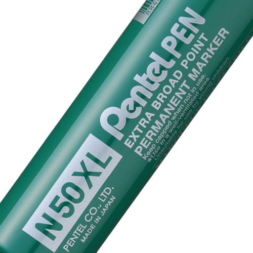 The new Pentel N50XL Green is a new addition to the N50 Family permanent marker.  This Robust permanent marker will write on almost any surface including wet and oily surfaces.  Maximum performance you can rely on every day.  Strong aluminium barrel, perfect for long lasting in more harsh working environments!  Durable tips, suitable for rough or smooth surfaces.  The N50XL has a broad chisel tip and creates variable line widths of up to 17mm