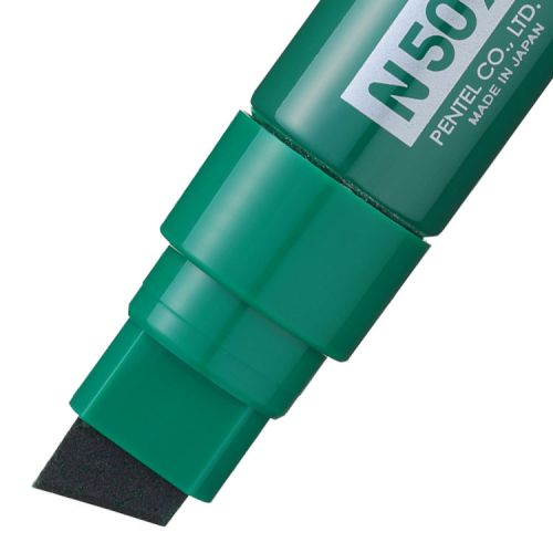 59060PE | The new Pentel N50XL Green is a new addition to the N50 Family permanent marker.  This Robust permanent marker will write on almost any surface including wet and oily surfaces.  Maximum performance you can rely on every day.  Strong aluminium barrel, perfect for long lasting in more harsh working environments!  Durable tips, suitable for rough or smooth surfaces.  The N50XL has a broad chisel tip and creates variable line widths of up to 17mm