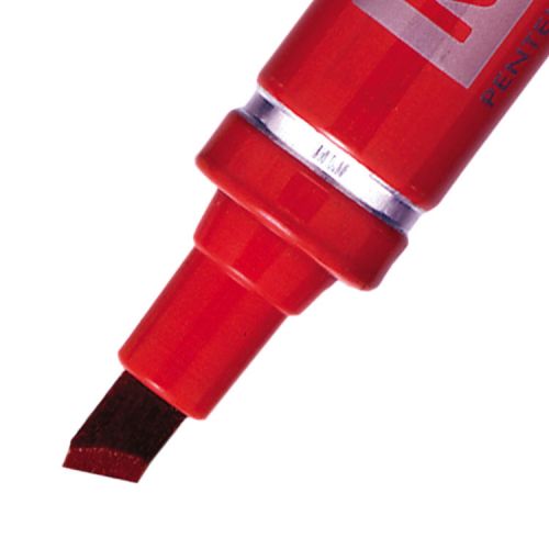 17063PE | Pentel N60 Red is a robust Chisel tip everyday permanent marker.  This Robust permanent marker will write on almost any surface including metal, wood, glass, card and plastic. It has a metal barrel, perfect for long lasting in more harsh working environments!  No wonder they’re the number one choice for industry and commerce.  The ink is fast drying yet rich in colour.  Ink flow is controlled by a valve mechanism to allow a precise application.