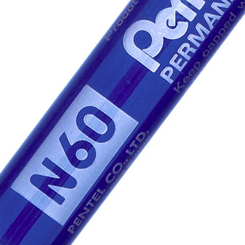 Pentel N60 Blue is a robust Chisel tip everyday permanent marker.  This Robust permanent marker will write on almost any surface including metal, wood, glass, card and plastic. It has a metal barrel, perfect for long lasting in more harsh working environments!  No wonder they’re the number one choice for industry and commerce.  The ink is fast drying yet rich in colour.  Ink flow is controlled by a valve mechanism to allow a precise application.