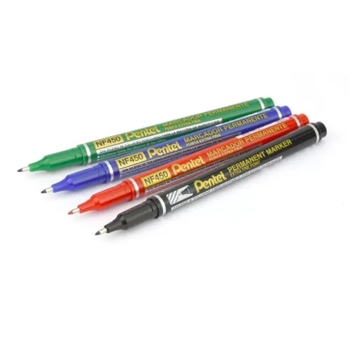 76315PE | This Pentel permanent marker has a 1.2mm bullet tip for an extra fine 0.6 - 0.2mm line width, ideal for precise, intricate labelling and marking. The marker features a robust fibre tip and ventilated cap for safety. For use on a variety of surfaces.