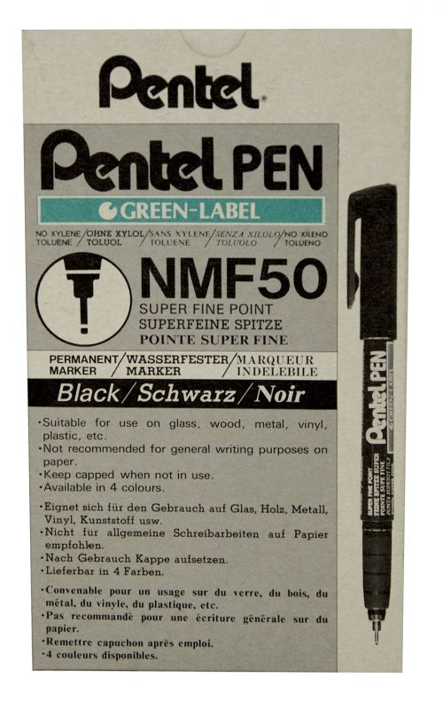 17462PE | Pentel Superfine Point Permanent Marker NMF50 black is suitable for accurate work in offices and domestic environments. The NMF50 is a low odour permanent marker that does not contain xylene or toluene and is suitable for everyday use on most surfaces. Super fine tip housed in metal support and ventilated safety cap.  It’s ideal for marking in areas where space is limited with its 0.6mm tip which gives approximately a 0.3mm line width