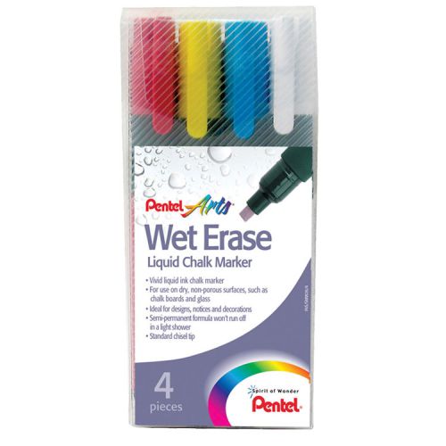 Pentel Liquid Chalk Marker Chisel Tip Assorted Pack of 4 SMW26/4-BCGW