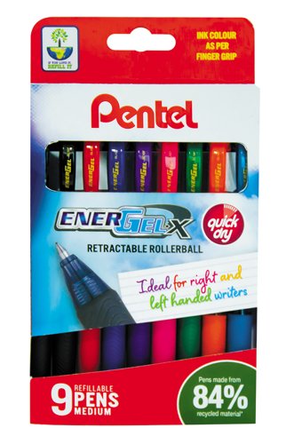 Pentel Energel X Retractable Gel Pen 0.7mm Assorted Pack 9