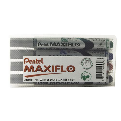 Pentel Maxiflo Whiteboard Marker Fine Bullet Wallet 4 Assorted