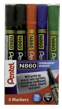 Pentel N860 Permanent Marker Chisel Tip 1.8 - 4.5mm Line Assorted (Pack 5) YN860/5-M