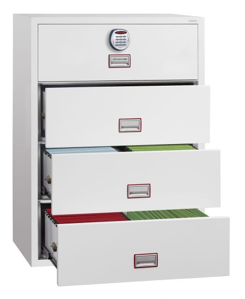 THE PHOENIX WORLD CLASS LATERAL FIRE FILE offers unrivalled protection and capacity for documents and data† in a stylish modern lateral filing cabinet format. Ultra lightweight insulation materials also mean the cabinet can be used on most standard floors without the need for supporting. 