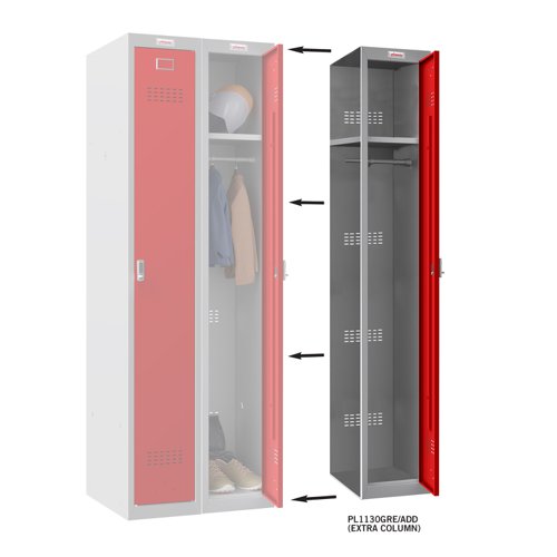 Phoenix PL Series PL1130GRE/ADD Additional Add On Column 1 Door Personal locker Grey Body/Red Door with Electronic Lock PL1130GRE/ADD Buy online at Office 5Star or contact us Tel 01594 810081 for assistance