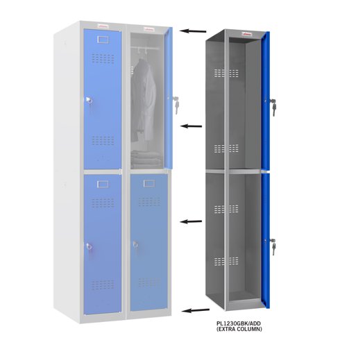 Phoenix PL Series PL1230GBK/ADD Additional Add On Column 2 Door Personal locker Grey Body/Blue Door with Key Lock PL1230GBK/ADD Buy online at Office 5Star or contact us Tel 01594 810081 for assistance