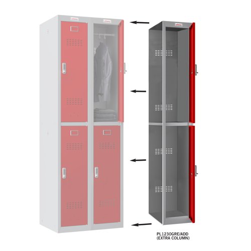 Phoenix PL Series PL1230GRE/ADD Additional Add On Column 2 Door Personal locker Grey Body/Red Door with Electronic Lock PL1230GRE/ADD Buy online at Office 5Star or contact us Tel 01594 810081 for assistance