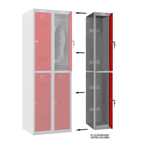 Phoenix PL Series PL1230GRK/ADD Additional Add On Column 2 Door Personal locker Grey Body/Red Door with Key Lock PL1230GRK/ADD Buy online at Office 5Star or contact us Tel 01594 810081 for assistance