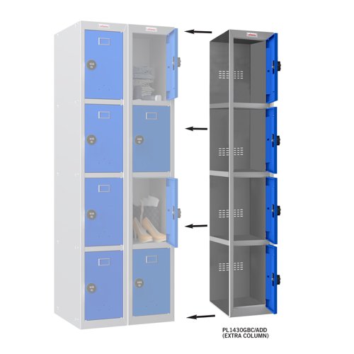 Phoenix PL Series PL1430GBC/ADD Additional Add On Column 4 Door Personal locker Grey Body/Blue Door with Combination Lock PL1430GBC/ADD Buy online at Office 5Star or contact us Tel 01594 810081 for assistance