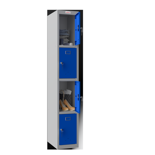 Phoenix PL Series PL1430GBK 1 Column 4 Door Personal Locker Grey Body/Blue Doors with Key Lock PL1430GBK Buy online at Office 5Star or contact us Tel 01594 810081 for assistance