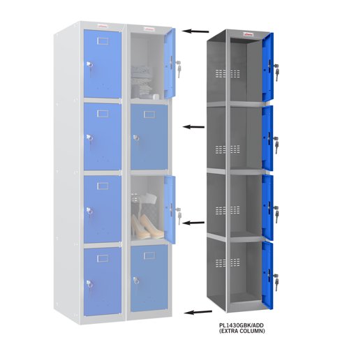 Phoenix PL Series PL1430GBK/ADD Additional Add On Column 4 Door Personal locker Grey Body/Blue Door with Key Lock PL1430GBK/ADD Buy online at Office 5Star or contact us Tel 01594 810081 for assistance