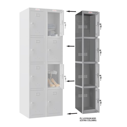 Phoenix PL Series PL1430GGK/ADD Additional Add On Column 4 Door Personal locker in Grey with Key Lock PL1430GGK/ADD Buy online at Office 5Star or contact us Tel 01594 810081 for assistance