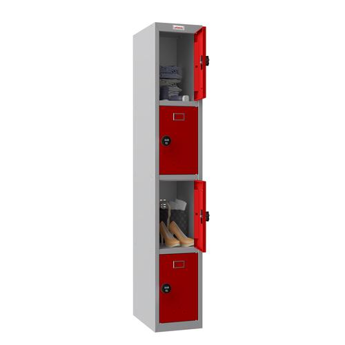 Phoenix PL Series 1 Column 4 Door Personal Locker Grey Body Red Doors with Combination Locks PL1430GRC