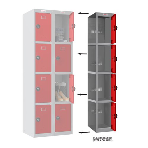 Phoenix PL Series PL1430GRC/ADD Additional Add On Column 4 Door Personal locker Grey Body/Red Door with Combination Lock PL1430GRC/ADD Buy online at Office 5Star or contact us Tel 01594 810081 for assistance