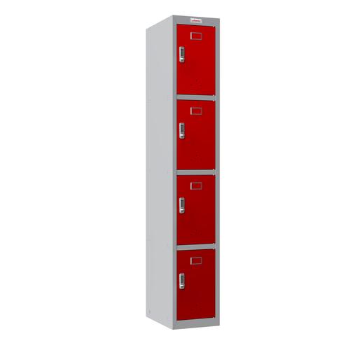 Phoenix PL Series 1 Column 4 Door Personal Locker Grey Body Red Doors with Electronic Locks PL1430GRE Phoenix