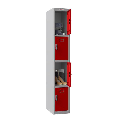 Phoenix PL Series PL1430GRE 1 Column 4 Door Personal Locker Grey Body/Red Doors with Electronic Locks PL1430GRE Buy online at Office 5Star or contact us Tel 01594 810081 for assistance