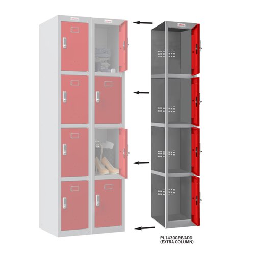 Phoenix PL Series PL1430GRE/ADD Additional Add On Column 4 Door Personal locker Grey Body/Red Door with Electronic Lock PL1430GRE/ADD Buy online at Office 5Star or contact us Tel 01594 810081 for assistance