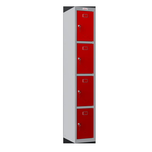 Phoenix PL Series 1 Column 4 Door Personal Locker Grey Body Red Doors with Key Locks PL1430GRK