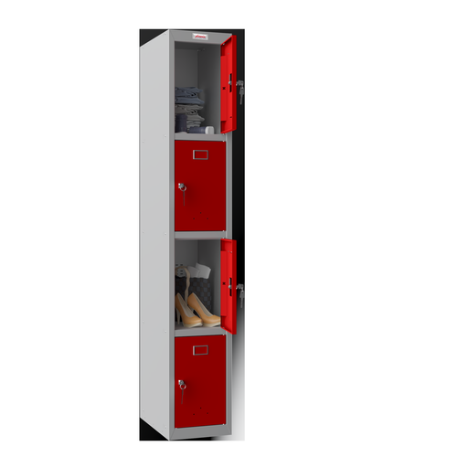 Phoenix PL Series 1 Column 4 Door Personal Locker Grey Body Red Doors with Key Locks PL1430GRK  61937PH