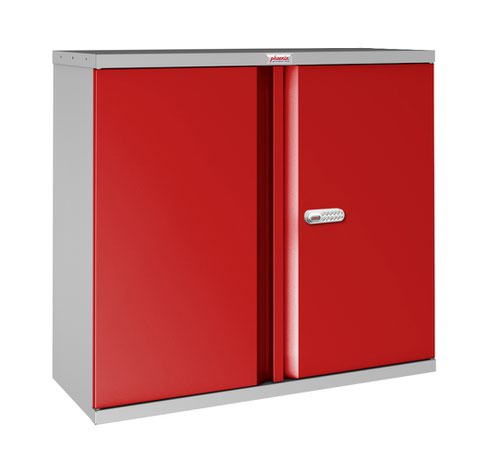 Phoenix SC Series SC1010GRE 2 Door 1 Shelf Steel Storage Cupboard Grey Body & Red Doors with Electronic Lock
