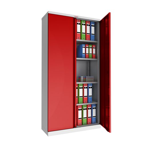 Phoenix SC Series 2 Door 4 Shelf Steel Storage Cupboard Grey Body Red Doors with Key Lock SC1910GRK Phoenix