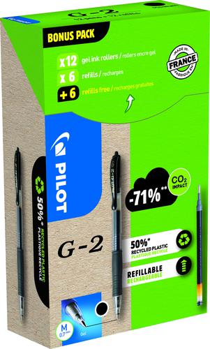 Pilot Greenpack G-207 Retractable Gel Rollerball Pen 0.7mm Tip 0.39mm Line Black (Pack 12 + 12 Refills) - WLT556176