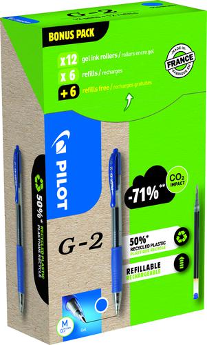 Pilot Greenpack G-207 Retractable Gel Rollerball Pen 0.7mm Tip 0.39mm Line Blue (Pack 12 + 12 Refills) - WLT556183